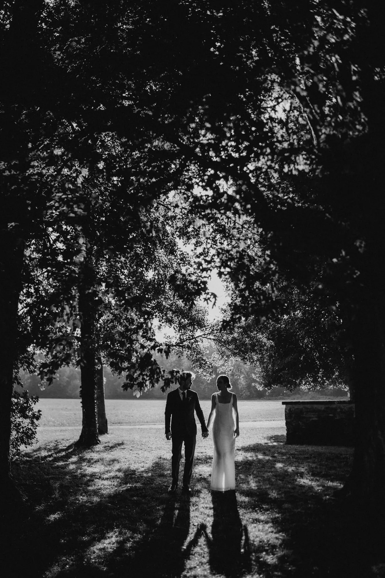Silhouettes des mariés sous les arbres, en noir et blanc