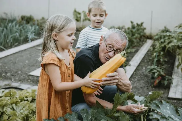 Grand-père partageant une courge du potager avec ses petits-enfants